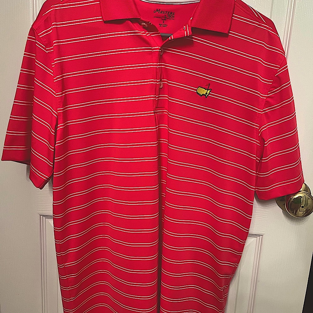 NEW (no tags) mens Masters Tech shirt (size small). Salmon and white in color.